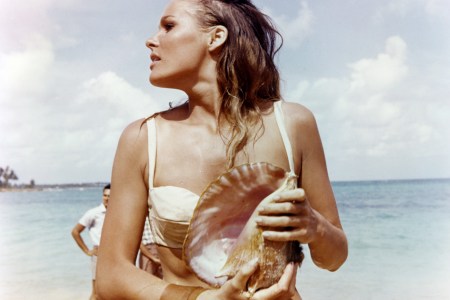 Ursula Andress, Swedish actress, wearing a white bikini and holding a conch shell in a publicity still issued for the film, 'Dr No', 1962. The James Bond film, directed by  Terence Young (1915-1994), starred Andress as 'Honey Ryder'. (Photo by Silver Screen Collection/Getty Images)  (Photo by Silver Screen Collection/Getty Images)