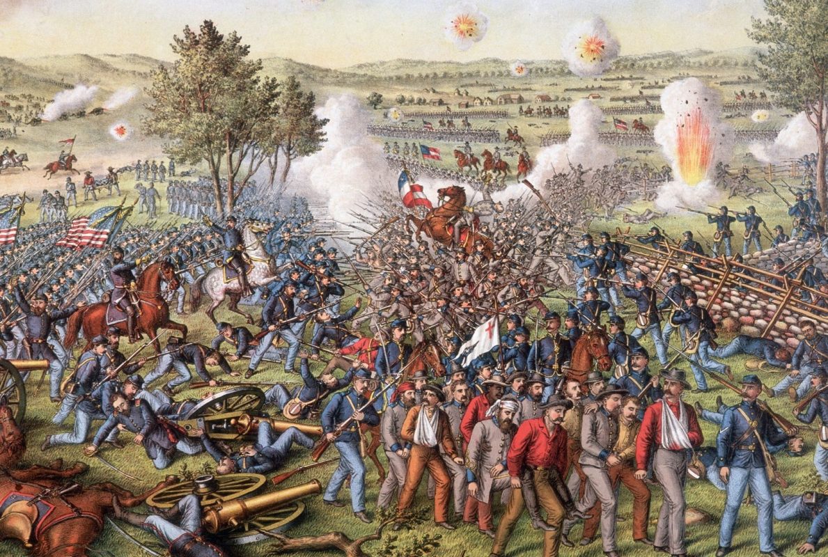 A wide view of a portion of the Battle of Gettysburg, Pennsylvania, 1-3 July 1863. This series of battles, taking place over three days between Union forces led by Major General George G. Meade and Confederates led by General Robert E. Lee, was a crucial point in the Civil War. Lee's defeat caused him to break off his planned invasion of the North. An 1884 color illustration.  (Photo by Stock Montage/Stock Montage/Getty Images)
