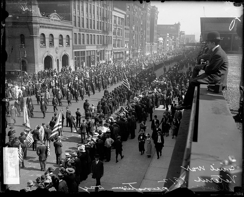 Civil War veterans marching in a Grand Army of the Republic Memorial Day parade along the 1400 block of South Michigan Avenue in the Near South Side community area, Chicago, Illinois, May 27, 1912. (Chicago History Museum/Getty Images)