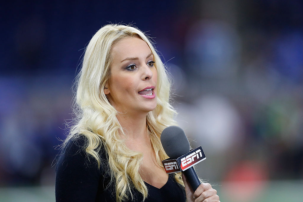 ESPN sideline reporter Brittany McHenry works the pregame broadcast prior to the start of the game between the Washington Redskins and the Detroit Lions at Ford Field on October 23, 2016 in Detroit, Michigan. Detroit defeated Washington 20-17. (Photo by Leon Halip/Getty Images)