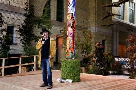 TORONTO, ON - AUGUST 16: Ojibway artist Kris Nahrgang talks to media about a specially commissioned "Unity Pole" art installation that incorporates indigenous universal symbols carved into a 25 ft. tall cedar treeCNE tour,  August 16, 2017. Andrew Francis Wallace/Toronto Star        (Andrew Francis Wallace/Toronto Star via Getty Images)