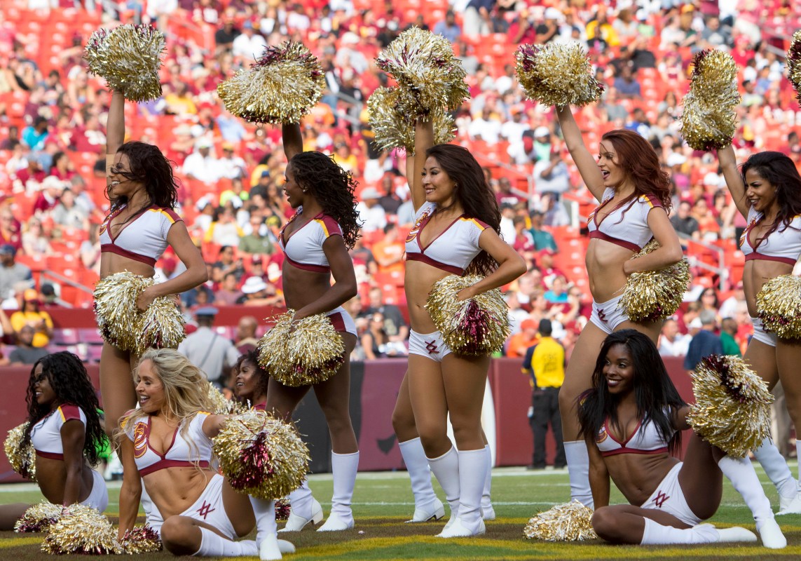 Washington Redskins cheerleaders during a timeout within the NFL preseason game between the Cincinnati Bengals and the Washington Redskins on August 27, 2017, at FedEx Field in Landover, MD. (Photo by Lee Coleman/Icon Sportswire via Getty Images)