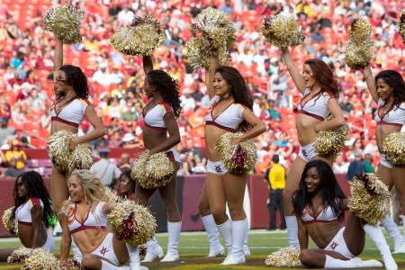 Washington Redskins cheerleaders during a timeout within the NFL preseason game between the Cincinnati Bengals and the Washington Redskins on August 27, 2017, at FedEx Field in Landover, MD. (Photo by Lee Coleman/Icon Sportswire via Getty Images)
