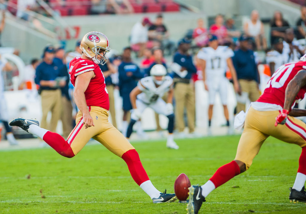 San Francisco 49ers punter Bradley Pinion (5) gets set to kick off during the preseason game between the San Francisco 49ers verses the Los Angeles Chargers on August 31, 2017 at Levi's Stadium in Santa Clara, CA.  (Photo by Samuel Stringer/Icon Sportswire via Getty Images)