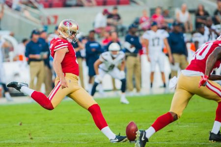 San Francisco 49ers punter Bradley Pinion (5) gets set to kick off during the preseason game between the San Francisco 49ers verses the Los Angeles Chargers on August 31, 2017 at Levi's Stadium in Santa Clara, CA.  (Photo by Samuel Stringer/Icon Sportswire via Getty Images)