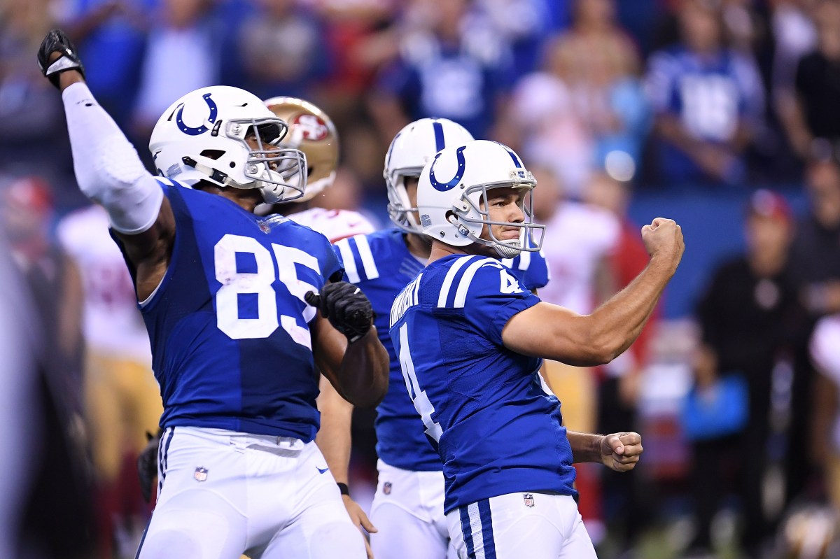 Adam Vinatieri #4 of the Indianapolis Colts celebrates after making a 51 yard field goal in overtime to defeat the San Francisco 49ers 26-23 at Lucas Oil Stadium on October 8, 2017 in Indianapolis, Indiana.  (Photo by Stacy Revere/Getty Images)