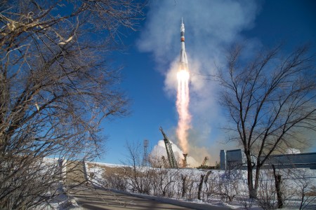 The Soyuz MS-07 rocket is launched with Expedition 54 Soyuz Commander Anton Shkaplerov of Roscosmos, flight engineer Scott Tingle of NASA, and flight engineer Norishige Kanai of Japan Aerospace Exploration Agency (JAXA) (Joel Kowsky/NASA via Getty Images)
