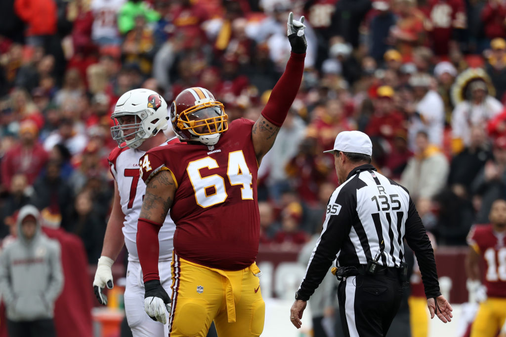 Defensive Tackle A.J. Francis #64 of the Washington Redskins celebrates after a play in the second quarter against the Arizona Cardinals at FedEx Field on December 17, 2017 in Landover, Maryland. (Photo by Rob Carr/Getty Images)