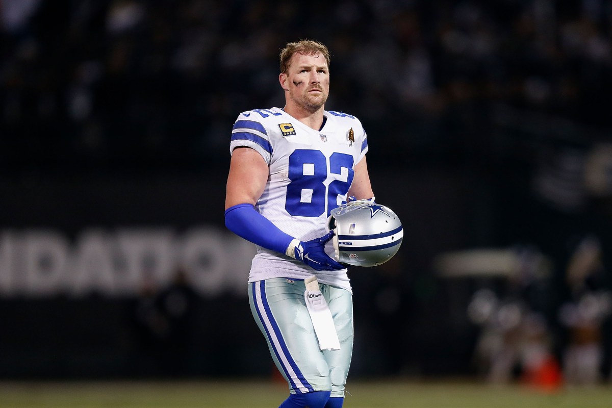 Jason Witten #82 of the Dallas Cowboys looks on during the game against the Oakland Raiders at Oakland-Alameda County Coliseum on December 17, 2017 in Oakland, California. (Photo by Lachlan Cunningham/Getty Images)