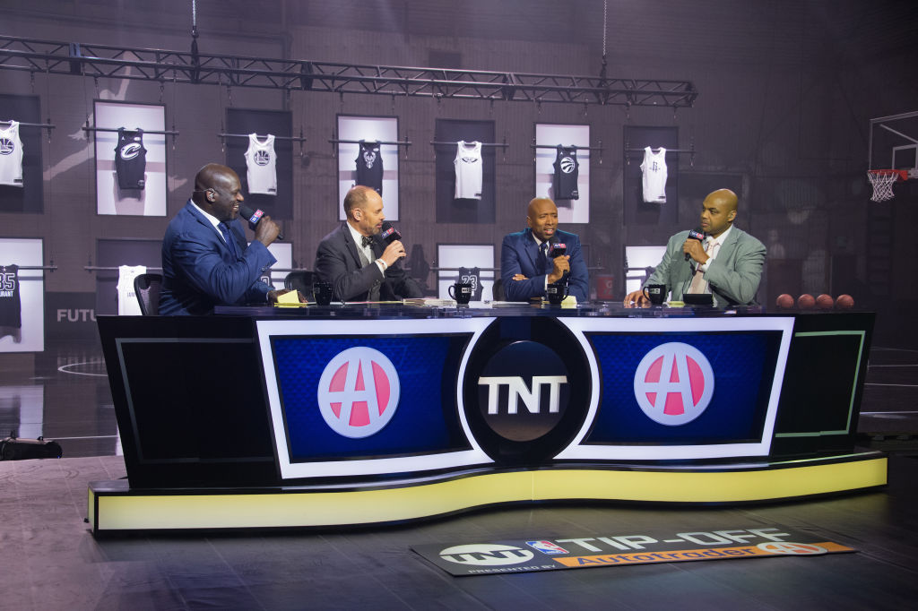 Shaquille O'Neal, Charles Barkley, Ernie Johnson and Kenny Smith speak during the 2018 Brand Jordan NBA All-Star Uniforms & All-Star Rosters Unveiling show on January 25, 2018 at CBS Studios in Studio City, California. (Photo by Adam Pantozzi/NBAE via Getty Images)