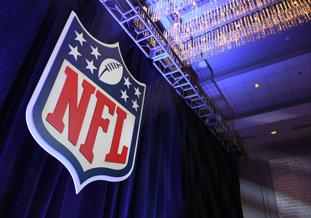 A NFL logo is on display at Commissioner Roger Goodell's Super Bowl LII press conference on January 31, 2018 at Hilton Minneapolis Grand Ballroom in Minneapolis, MN.(Photo by Nick Wosika/Icon Sportswire via Getty Images)