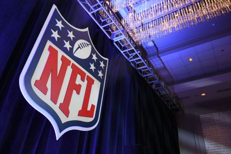 A NFL logo is on display at Commissioner Roger Goodell's Super Bowl LII press conference on January 31, 2018 at Hilton Minneapolis Grand Ballroom in Minneapolis, MN.(Photo by Nick Wosika/Icon Sportswire via Getty Images)