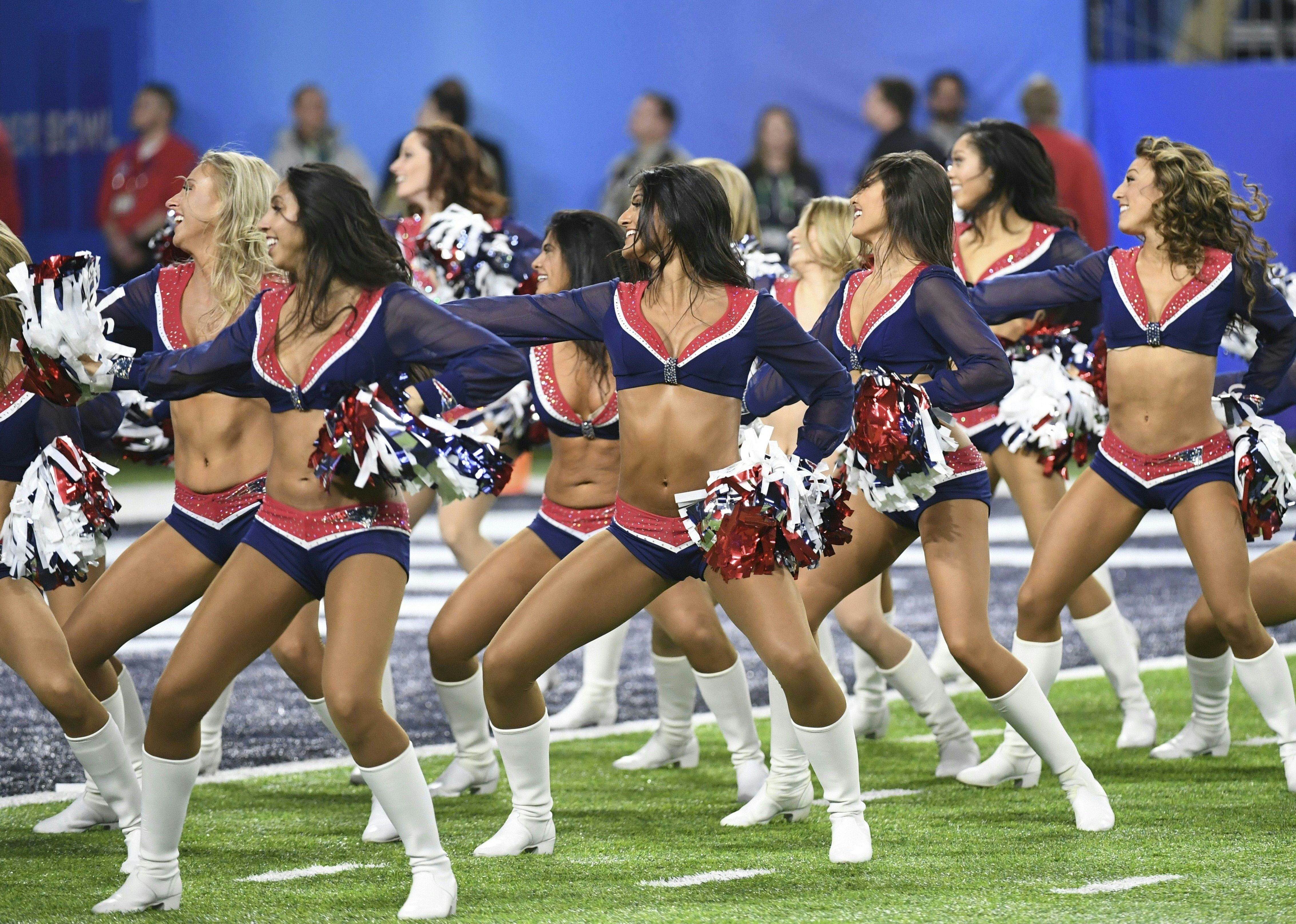 Cheerleaders perform during Super Bowl LII between the New England Patriots and the Philadelphia Eagles at US Bank Stadium in Minneapolis, Minnesota, on February 4, 2018. (Photo credit should read TIMOTHY A. CLARY/AFP/Getty Images)
