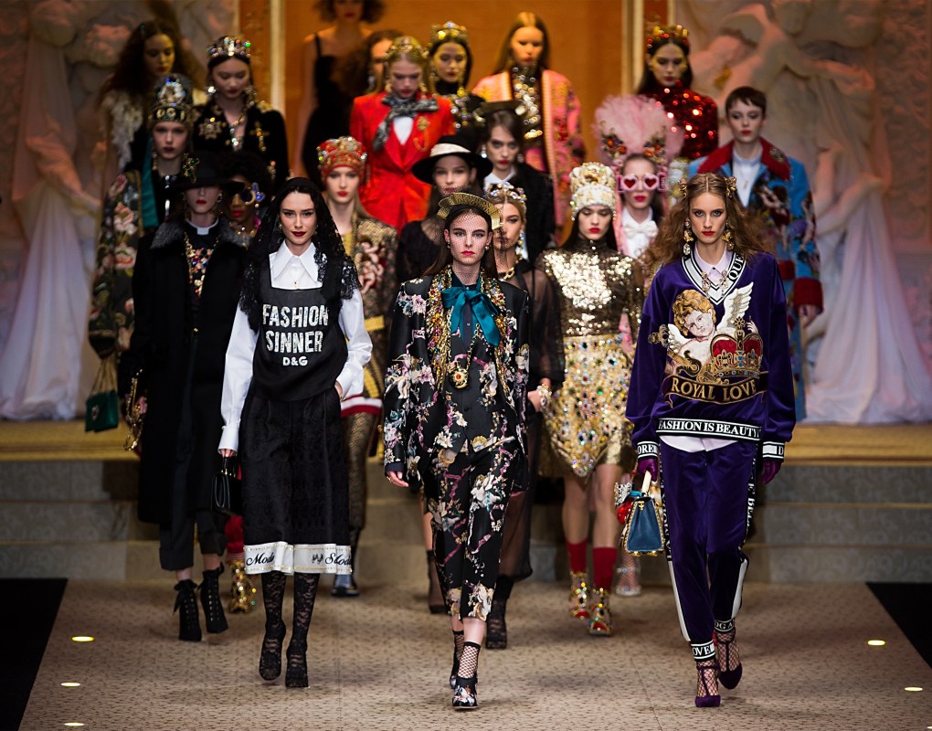 Models present creations of Dolce & Gabbana "Fashion Devotion" Autumn/Winter 18/19 women's collection during Milan Fashion Week in Milan, Italy, Feb. 25, 2018. (Xinhua/Jin Yu via Getty Images)
