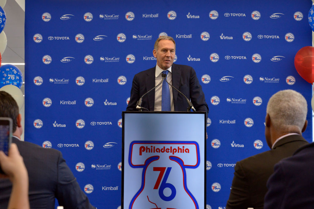 Bryan Colangelo talks to the media during the announment of the unveiling of the Doctor J sculpture on April 3, 2018 at the Legends Walk at the practice facility in Camden, New Jersey. (Photo by David Dow/NBAE via Getty Images)