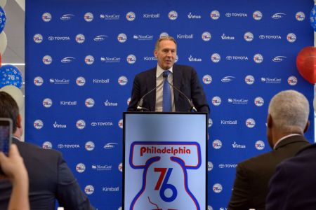 Bryan Colangelo talks to the media during the announment of the unveiling of the Doctor J sculpture on April 3, 2018 at the Legends Walk at the practice facility in Camden, New Jersey. (Photo by David Dow/NBAE via Getty Images)