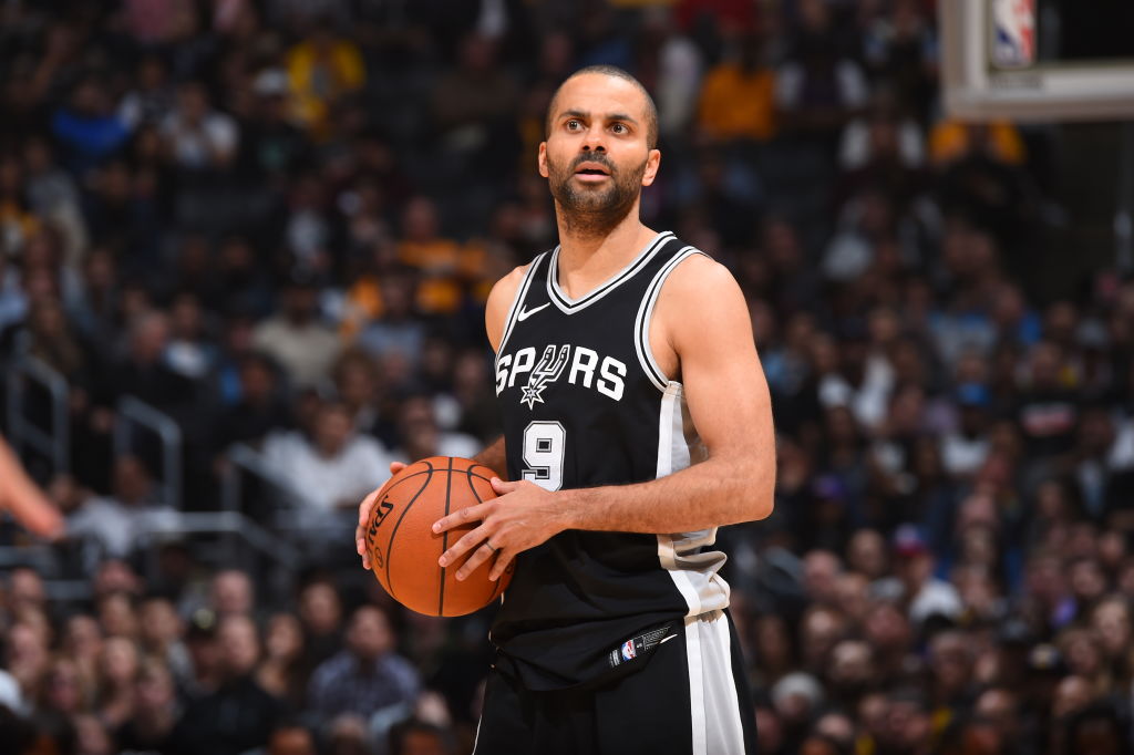 Tony Parker #9 of the San Antonio Spurs handles the ball against the Los Angeles Lakers on April 4, 2018 at STAPLES Center in Los Angeles, California. (Photo by Andrew D. Bernstein/NBAE via Getty Images)