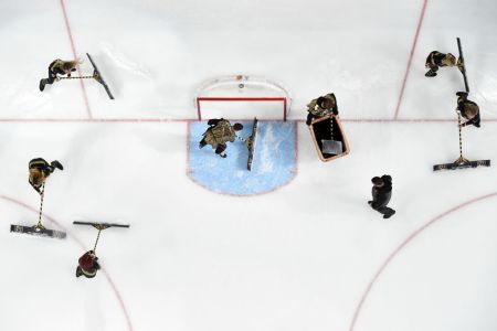 Members of the Knights Crew clean the ice during Game One of the Western Conference First Round during the 2018 NHL Stanley Cup Playoffs during the 2018 NHL Stanley Cup Playoffs between the Los Angeles Kings and the Vegas Golden Knights at T-Mobile Arena on April 11, 2018 in Las Vegas, Nevada. The Golden Knights won 1-0.  (Photo by Ethan Miller/Getty Images)