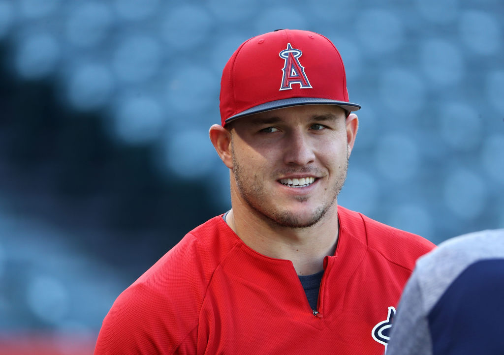 Mike Trout #27 of the Los Angeles Angels of Anaheim looks on during batting practice prior to the MLB game against the Boston Red Sox at Angel Stadium on April 19, 2018 in Anaheim, California. The Red Sox defeated the Angels 8-2.  (Photo by Victor Decolongon/Getty Images)