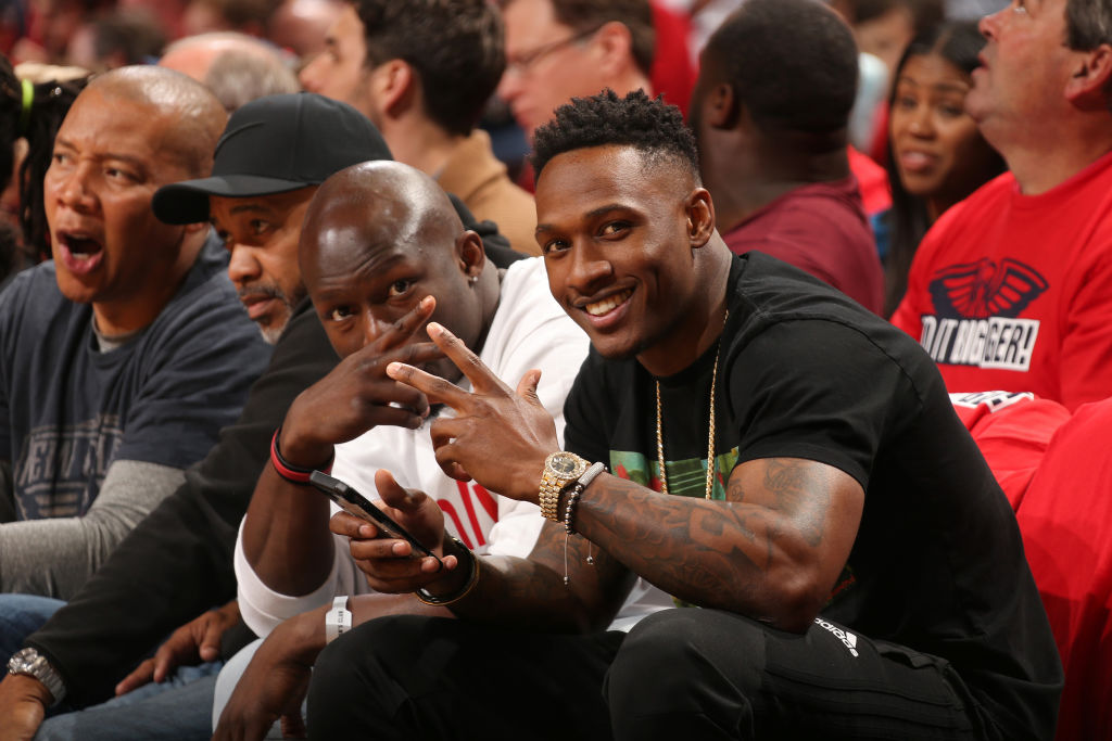 Chris Banjo and Damarious Randall attend Game Three of Round One between the Portland Trail Blazers and the New Orleans Pelicans during the 2018 NBA Playoffs on April 19, 2018 at Smoothie King Center in New Orleans, Louisiana. (Photo by Layne Murdoch/NBAE via Getty Images)