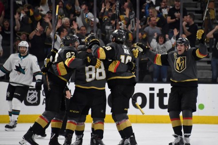 The Vegas Golden Knights celebrate a third-period goal by Nate Schmidt #88 in the third period of Game Two of the Western Conference Second Round during the 2018 NHL Stanley Cup Playoffs at T-Mobile Arena on April 28, 2018 in Las Vegas, Nevada.  (Photo by Ethan Miller/Getty Images)