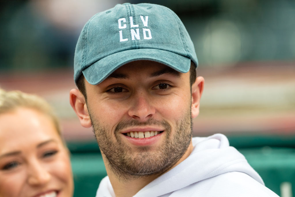 Cleveland Browns No. 1 draft pick Baker Mayfield prior to throwing out the ceremonial first pitch prior to the game between the Cleveland Indians and the Seattle Mariners at Progressive Field on April 27, 2018 in Cleveland, Ohio. (Photo by Jason Miller/Getty Images)