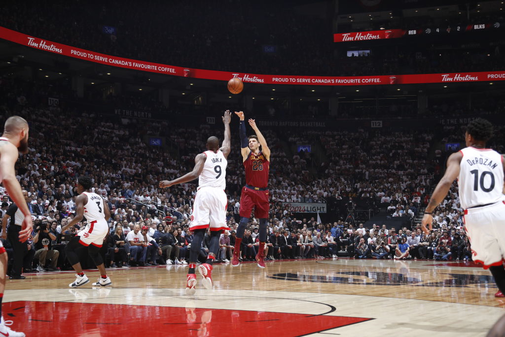Kyle Korver #26 of the Cleveland Cavaliers shoots the ball against the Toronto Raptors in Game One of Round Two of the 2018 NBA Playoffs on May 1, 2018 at the Air Canada Centre in Toronto, Ontario, Canada. (Photo by Mark Blinch/NBAE via Getty Images)