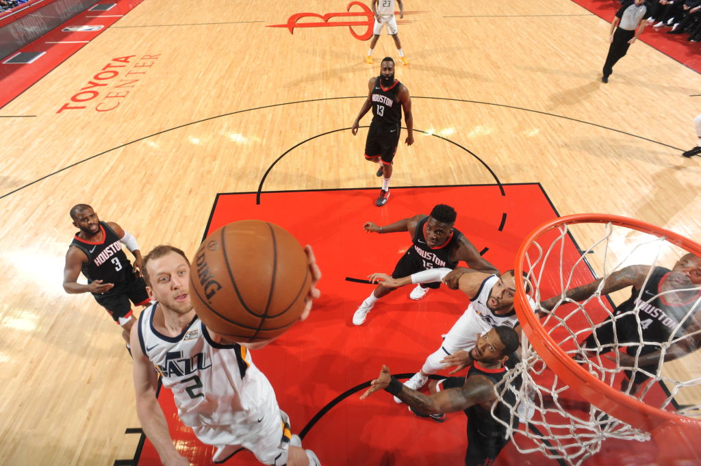 Joe Ingles #2 of the Utah Jazz handles the ball against the Houston Rockets in Game Two of Round Two of the 2018 NBA Playoffs on May 2, 2018 at Toyota Center in Houston, TX.  NOTE TO USER: User expressly acknowledges and agrees that, by downloading and or using this Photograph, user is consenting to the terms and conditions of the Getty Images License Agreement. Mandatory Copyright Notice: Copyright 2018 NBAE (Photo by Andrew D. Bernstein/NBAE via Getty Images)