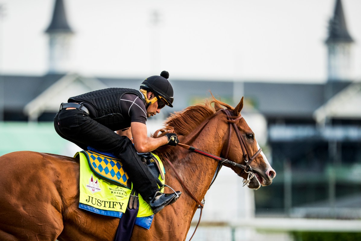 Justify, trained by Bob Baffert, exercises in preparation for the Kentucky Derby at Churchill Downs on May 3, 2018 in Louisville, Kentucky. (Alex Evers/Eclipse Sportswire/Getty Images)