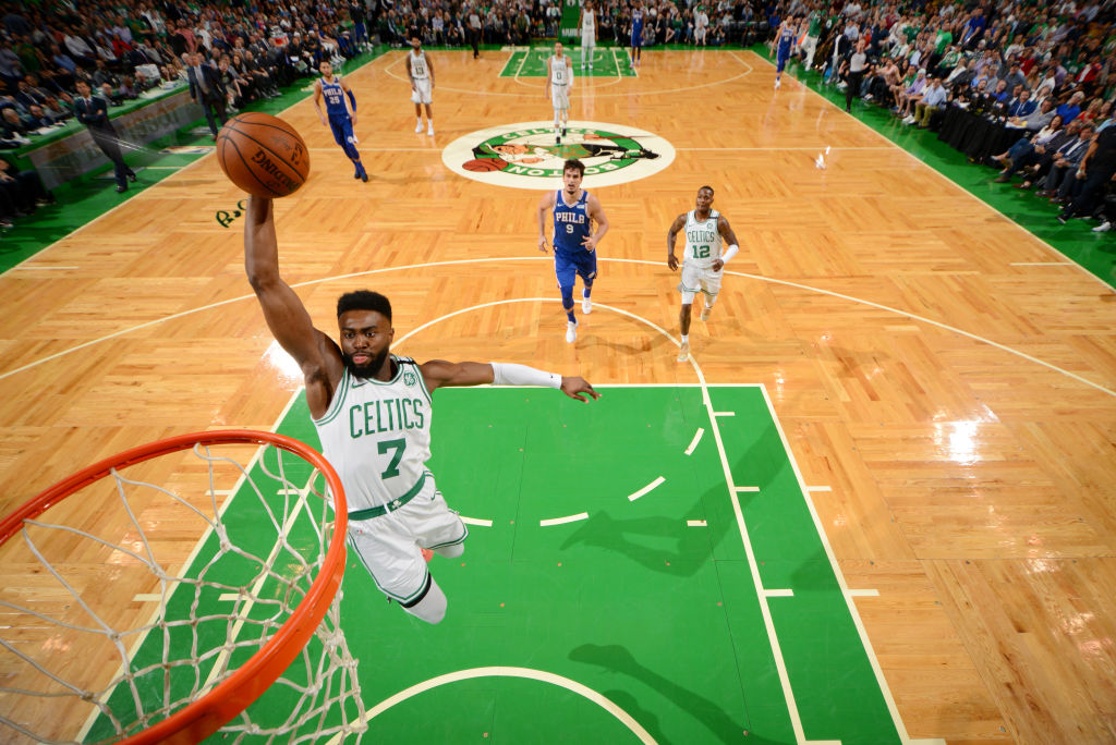 Jaylen Brown #7 of the Boston Celtics goes up for a dunk against the Philadelphia 76ers during Game Two of the Eastern Conference Semifinals of the 2018 NBA Playoffs on May 3, 2018 at the TD Garden in Boston, Massachusetts. (Photo by Jesse D. Garrabrant/NBAE via Getty Images)
