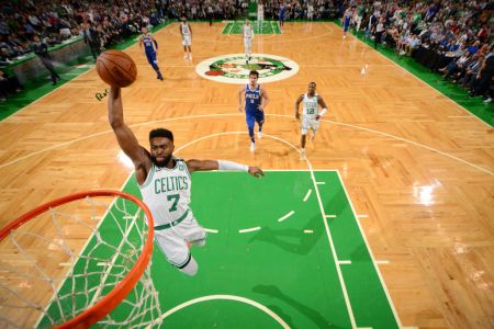 Jaylen Brown #7 of the Boston Celtics goes up for a dunk against the Philadelphia 76ers during Game Two of the Eastern Conference Semifinals of the 2018 NBA Playoffs on May 3, 2018 at the TD Garden in Boston, Massachusetts. (Photo by Jesse D. Garrabrant/NBAE via Getty Images)