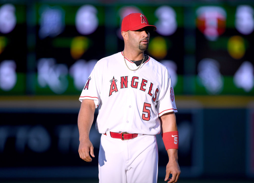 Albert Pujols #5 of the Los Angeles Angels warms up before the game against the Baltimore Orioles at Angel Stadium on May 3, 2018 in Anaheim, California. Pujols nees two more hits for 3000.   (Photo by Harry How/Getty Images)