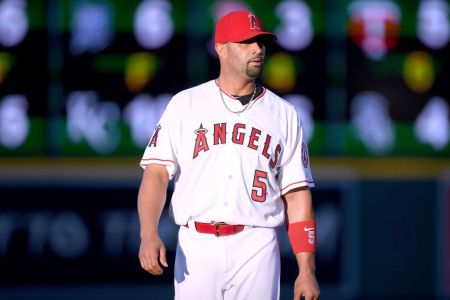Albert Pujols #5 of the Los Angeles Angels warms up before the game against the Baltimore Orioles at Angel Stadium on May 3, 2018 in Anaheim, California. Pujols nees two more hits for 3000.   (Photo by Harry How/Getty Images)
