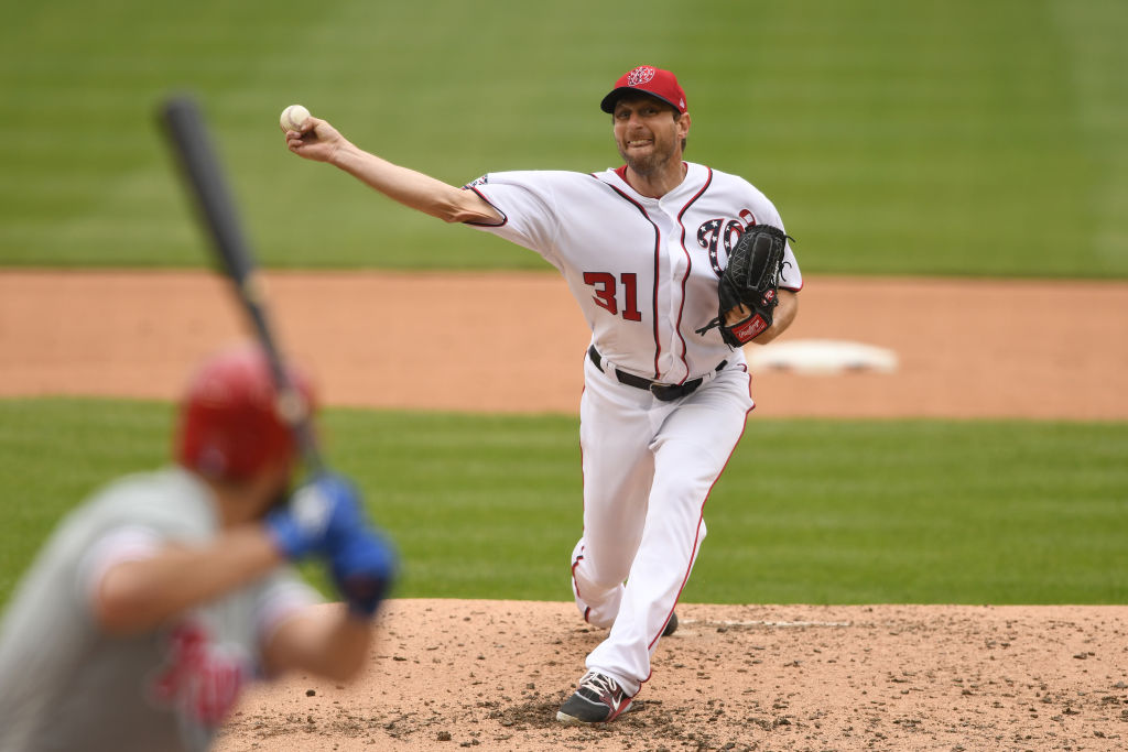 Max Scherzer #31 of the Washington Nationals pitches in the fifth inning during a baseball game against the Philadelphia Phillies at Nationals Park on May 6, 2018 in Washington, DC.  (Photo by Mitchell Layton/Getty Images)