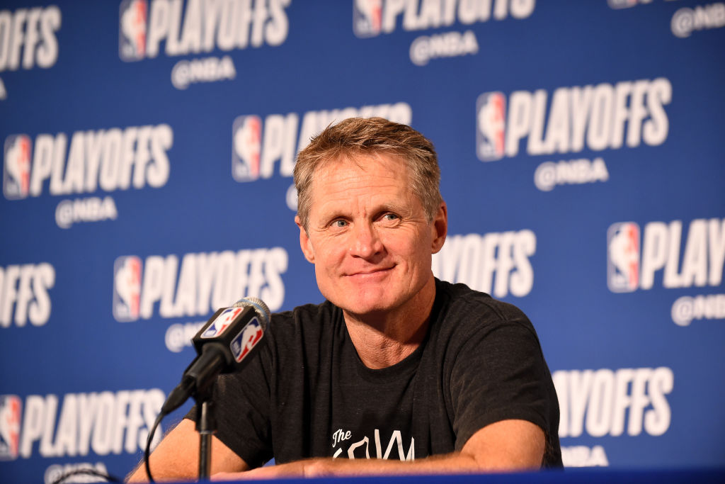 Head Coach Steve Kerr of the Golden State Warriors speaks to the media after Game Five of the Western Conference Semifinals against the New Orleans Pelicans during the 2018 NBA Playoffs on May 8, 2018 at ORACLE Arena in Oakland, California. (Photo by Noah Graham/NBAE via Getty Images)