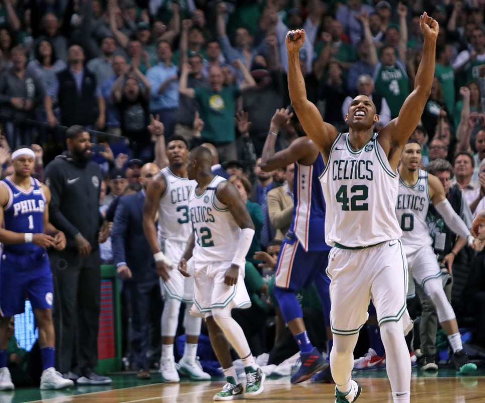Boston Celtics' Al Horford (42) starts the celebration after Boston's 114-112 victory. The Boston Celtics host the Philadelphia 76ers in Game Five of the NBA Eastern Conference Semi Final playoff series at TD Garden in Boston on May 9, 2018. (Photo by Jim Davis/The Boston Globe via Getty Images)