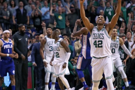 Boston Celtics' Al Horford (42) starts the celebration after Boston's 114-112 victory. The Boston Celtics host the Philadelphia 76ers in Game Five of the NBA Eastern Conference Semi Final playoff series at TD Garden in Boston on May 9, 2018. (Photo by Jim Davis/The Boston Globe via Getty Images)