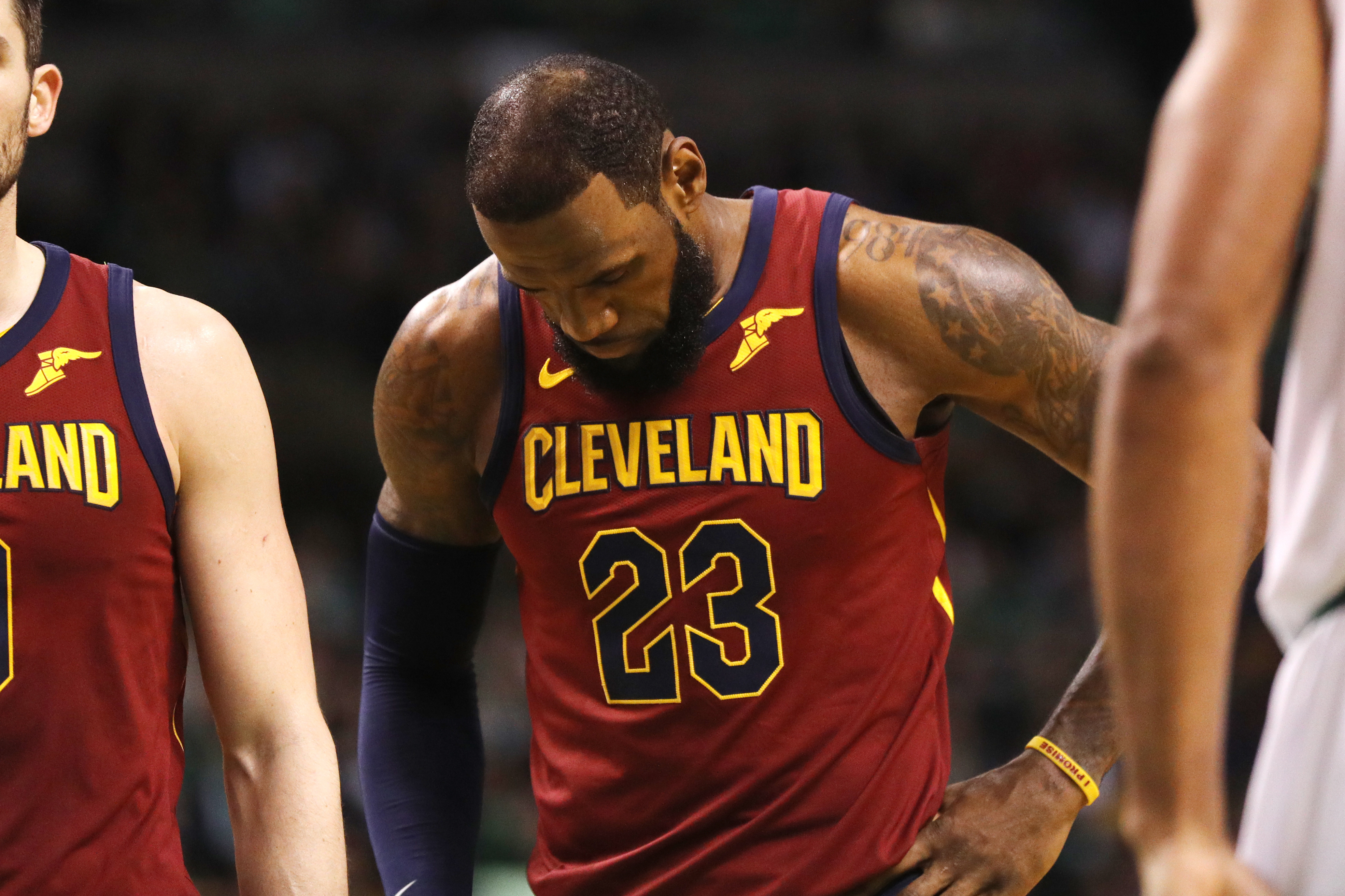 LeBron James #23 of the Cleveland Cavaliers reacts against the Boston Celtics during the first quarter in Game One of the Eastern Conference Finals of the 2018 NBA Playoffs at TD Garden on May 13, 2018 in Boston, Massachusetts. (Photo by Maddie Meyer/Getty Images)