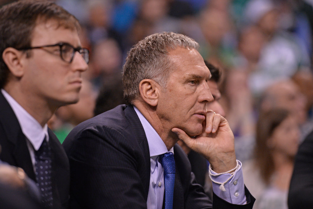 Bryan Colangelo of the Philadelphia 76ers looks on during Game Five of the Eastern Conference Semifinals of the 2018 NBA Playoffs against the Boston Celtics on May 9, 2018 at TD Garden in Boston, Massachusetts.  (Photo by David Dow/NBAE via Getty Images)