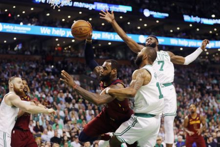 Marcus Morris #13 of the Boston Celtics fouls LeBron James #23 of the Cleveland Cavaliers in the first half during Game Two of the 2018 NBA Eastern Conference Finals at TD Garden on May 15, 2018 in Boston, Massachusetts. (Photo by Maddie Meyer/Getty Images)