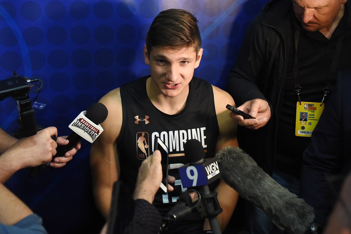 Grayson Allen #23 speaks with reporters during Day One of the NBA Draft Combine at Quest MultiSport Complex on May 17, 2018 in Chicago, Illinois. (Photo by Stacy Revere/Getty Images)
