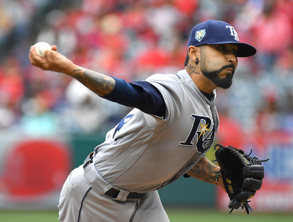 Sergio Romo #54 of the Tampa Bay Rays pitches in the first inning of the game against the Los Angeles Angels of Anaheim at Angel Stadium on May 20, 2018 in Anaheim, California.  (Photo by Jayne Kamin-Oncea/Getty Images)