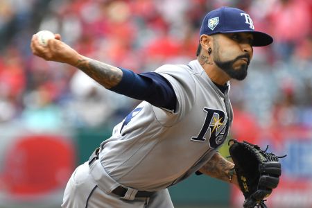Sergio Romo #54 of the Tampa Bay Rays pitches in the first inning of the game against the Los Angeles Angels of Anaheim at Angel Stadium on May 20, 2018 in Anaheim, California.  (Photo by Jayne Kamin-Oncea/Getty Images)