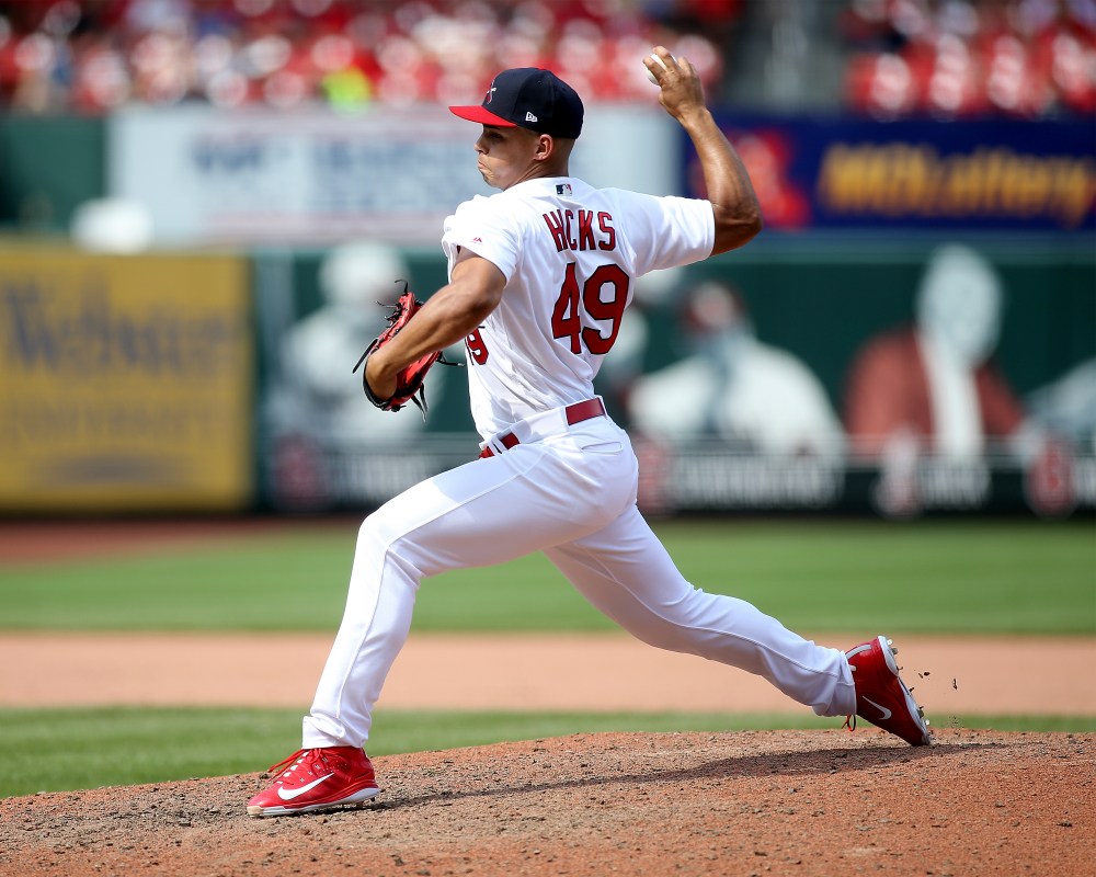 Jordan Hicks #49 of the St. Louis Cardinals pitches during the eighth inning against the Philadelphia Phillies at Busch Stadium on May 20, 2018 in St. Louis, Missouri. (Photo by Scott Kane/Getty Images)