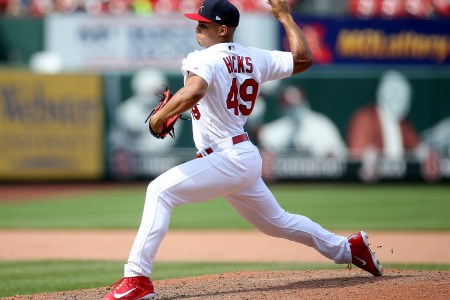 Jordan Hicks #49 of the St. Louis Cardinals pitches during the eighth inning against the Philadelphia Phillies at Busch Stadium on May 20, 2018 in St. Louis, Missouri. (Photo by Scott Kane/Getty Images)