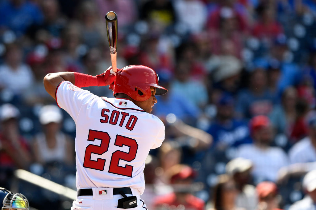 Juan Soto #22 of the Washington Nationals bats in the eighth inning against the Los Angeles Dodgers during his MLB debut at Nationals Park on May 20, 2018 in Washington, DC. (Photo by Patrick McDermott/Getty Images)