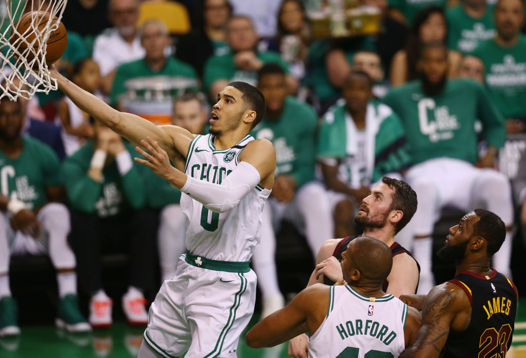 Jayson Tatum #0 of the Boston Celtics drives to the basket in the first half against the Cleveland Cavaliers during Game Five of the 2018 NBA Eastern Conference Finals at TD Garden on May 23, 2018 in Boston, Massachusetts. (Photo by Adam Glanzman/Getty Images)