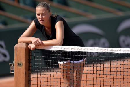 Kristina Mladenovic of France reacts during a training session ahead of the French Open at Roland Garros on May 24, 2018 in Paris, France.  (Aurelien Meunier/Getty Images)
