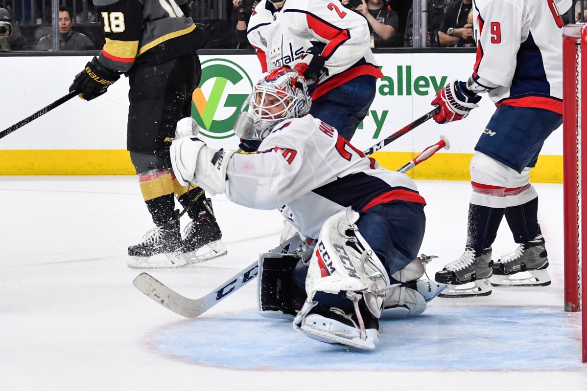 Braden Holtby #70 of the Washington Capitals makes a save against the Vegas Golden Knights in Game One of the Stanley Cup Final during the 2018 NHL Stanley Cup Playoffs at T-Mobile Arena on May 28, 2018 in Las Vegas, Nevada. (Photo by Jeff Bottari/NHLI via Getty Images)