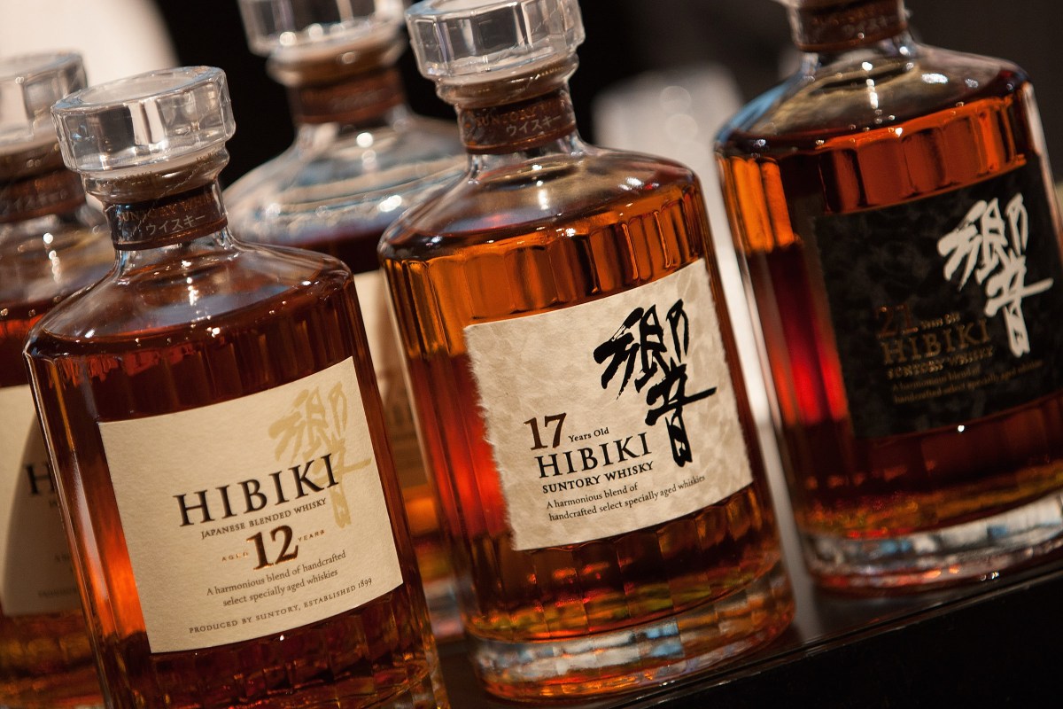 Bottles of award-winning Japanese Suntory Hibiki blended whisky, on display at the 'Whisky Live Tokyo 2012, Tokyo International Bar Show', on May 5, 2012 in Tokyo, Japan. (Jeremy Sutton-Hibbert/Getty Images)